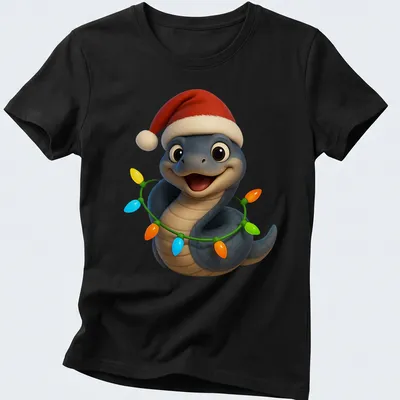Cartoon Mussurana snake in a Santa hat wrapped in colorful Christmas lights. — printed on a women's shirt