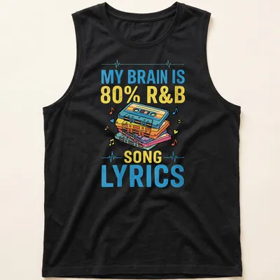 Retro tee featuring colorful cassette tapes and text about R&B lyrics — printed on a tank top