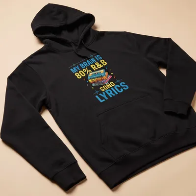 Retro tee featuring colorful cassette tapes and text about R&B lyrics — printed on a unisex hoodie