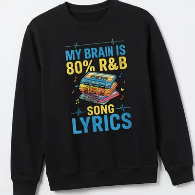 Retro tee featuring colorful cassette tapes and text about R&B lyrics — printed on a unisex sweatshirt