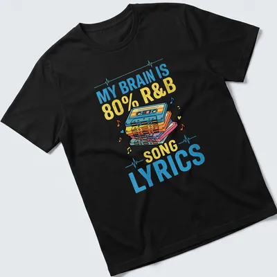 Retro tee featuring colorful cassette tapes and text about R&B lyrics — printed on a unisex t-shirt