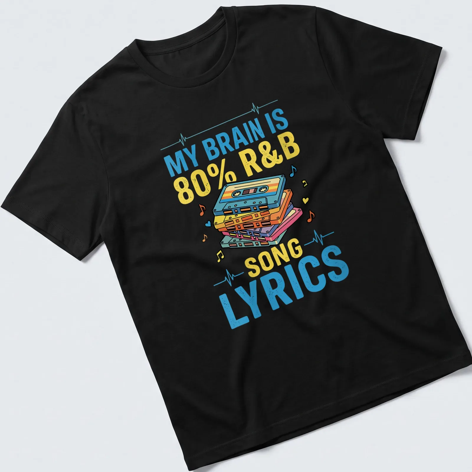 Retro tee featuring colorful cassette tapes and text about R&B lyrics — printed on a unisex t-shirt