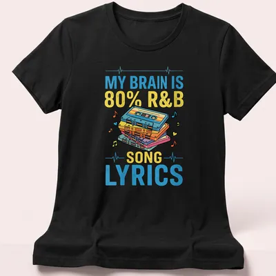 Retro tee featuring colorful cassette tapes and text about R&B lyrics — printed on a women's shirt