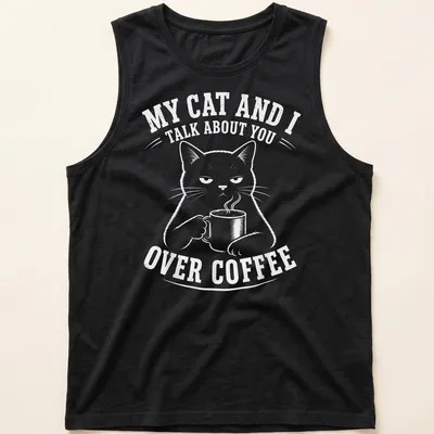 Humorous black cat t-shirt featuring a meme about coffee conversations — printed on a tank top
