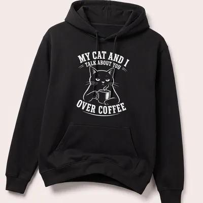 Humorous black cat t-shirt featuring a meme about coffee conversations — printed on a unisex hoodie