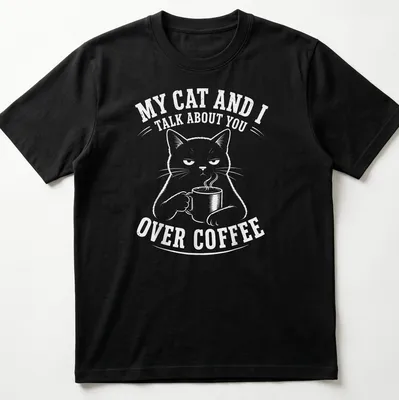 Humorous black cat t-shirt featuring a meme about coffee conversations