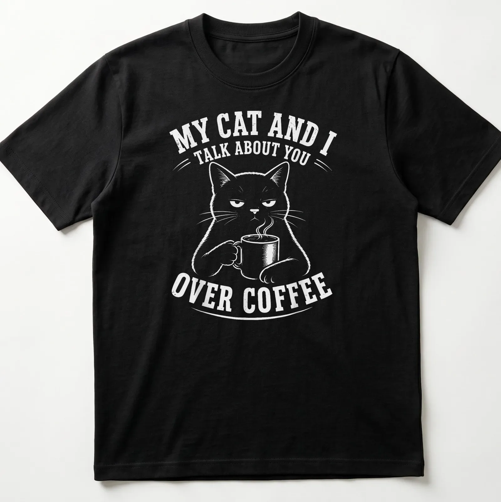 Humorous black cat t-shirt featuring a meme about coffee conversations — printed on a unisex t-shirt