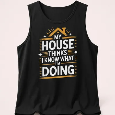 Bold text t-shirt with the phrase 'My House Thinks I Know What I'm Doing' in white, orange, and gold — printed on a tank top