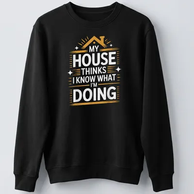 Bold text t-shirt with the phrase 'My House Thinks I Know What I'm Doing' in white, orange, and gold — printed on a unisex sweatshirt
