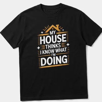 Bold text t-shirt with the phrase 'My House Thinks I Know What I'm Doing' in white, orange, and gold