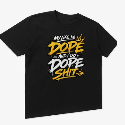 Graffiti-style motivational quote t-shirt in black, white, yellow, and gold — printed on a unisex t-shirt (angled view)