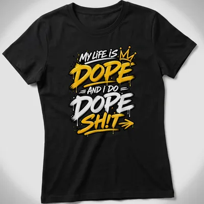 Graffiti-style motivational quote t-shirt in black, white, yellow, and gold — printed on a women's shirt