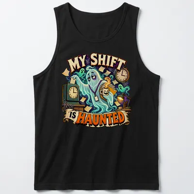 Cartoon ghost graphic above text 'My Shift Is Haunted' in bold colors — printed on a tank top