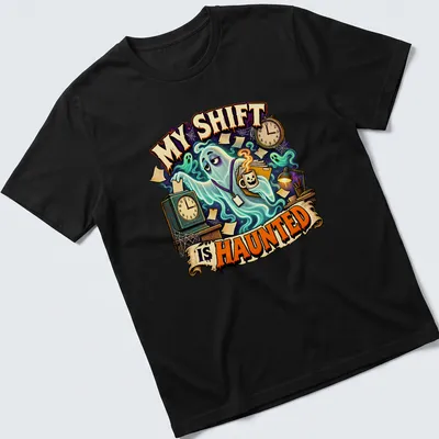 Cartoon ghost graphic above text 'My Shift Is Haunted' in bold colors — printed on a unisex t-shirt