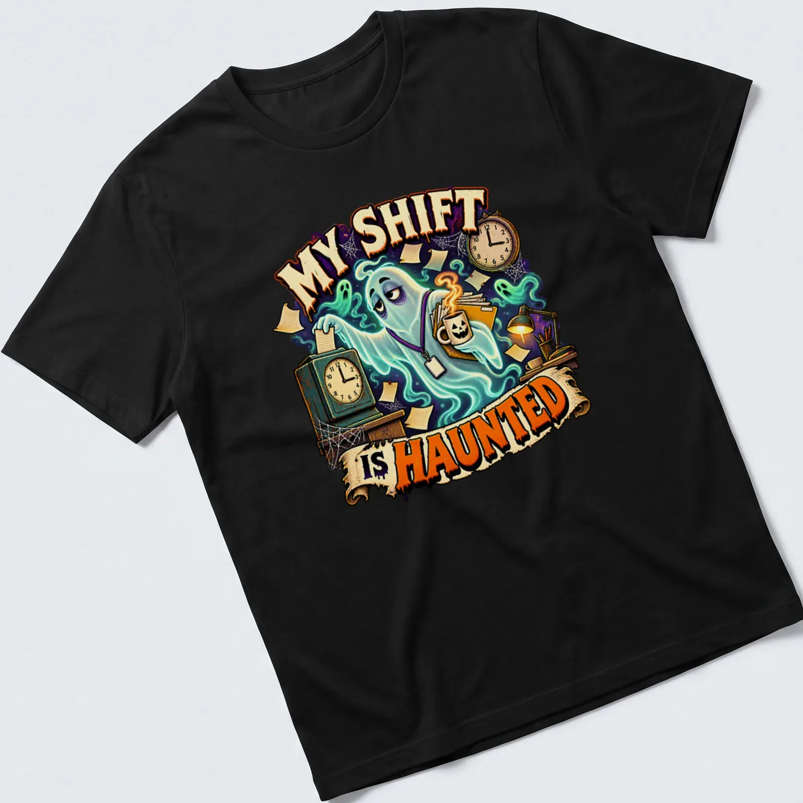 Cartoon ghost graphic above text 'My Shift Is Haunted' in bold colors — printed on a unisex t-shirt