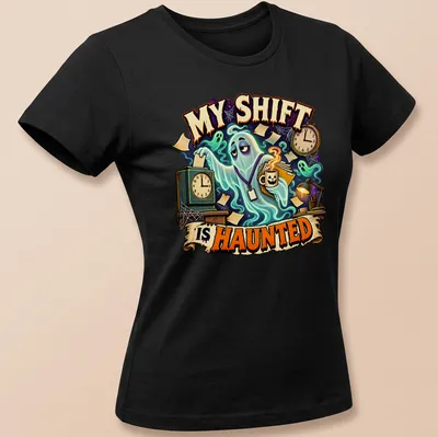 Cartoon ghost graphic above text 'My Shift Is Haunted' in bold colors — printed on a women's shirt