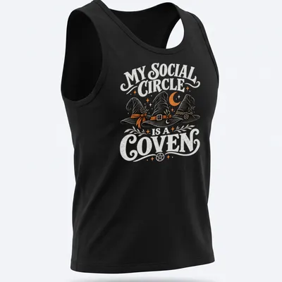 Whimsical design featuring witch hats with the text My Social Circle Is A Coven — printed on a tank top