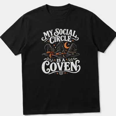 Whimsical design featuring witch hats with the text My Social Circle Is A Coven