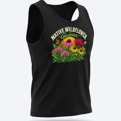 Vibrant floral design with butterfly and bee on Gardener — printed on a tank top