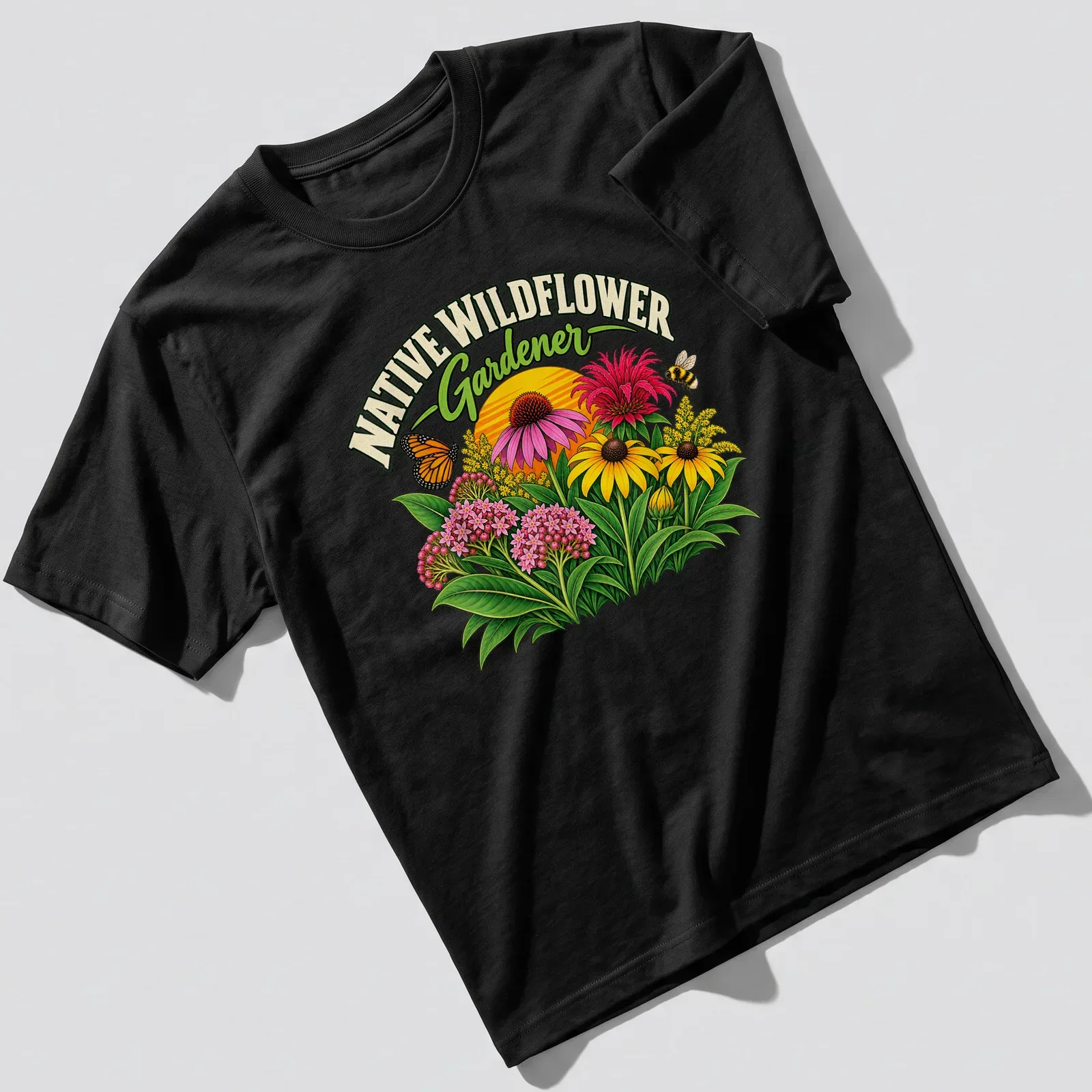 Vibrant floral design with butterfly and bee on Gardener — printed on a unisex t-shirt