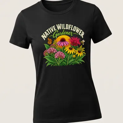 Vibrant floral design with butterfly and bee on Gardener — printed on a women's shirt