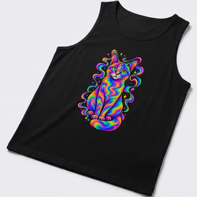 Psychedelic design of a rainbow cat in neon shades of pink, blue, green, yellow, and orange. — printed on a tank top