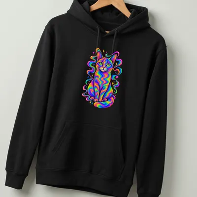 Psychedelic design of a rainbow cat in neon shades of pink, blue, green, yellow, and orange. — printed on a unisex hoodie