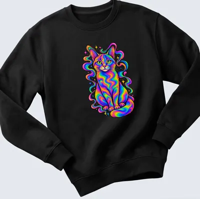 Psychedelic design of a rainbow cat in neon shades of pink, blue, green, yellow, and orange. — printed on a unisex sweatshirt
