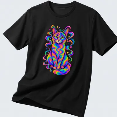 Psychedelic design of a rainbow cat in neon shades of pink, blue, green, yellow, and orange. — printed on a unisex t-shirt