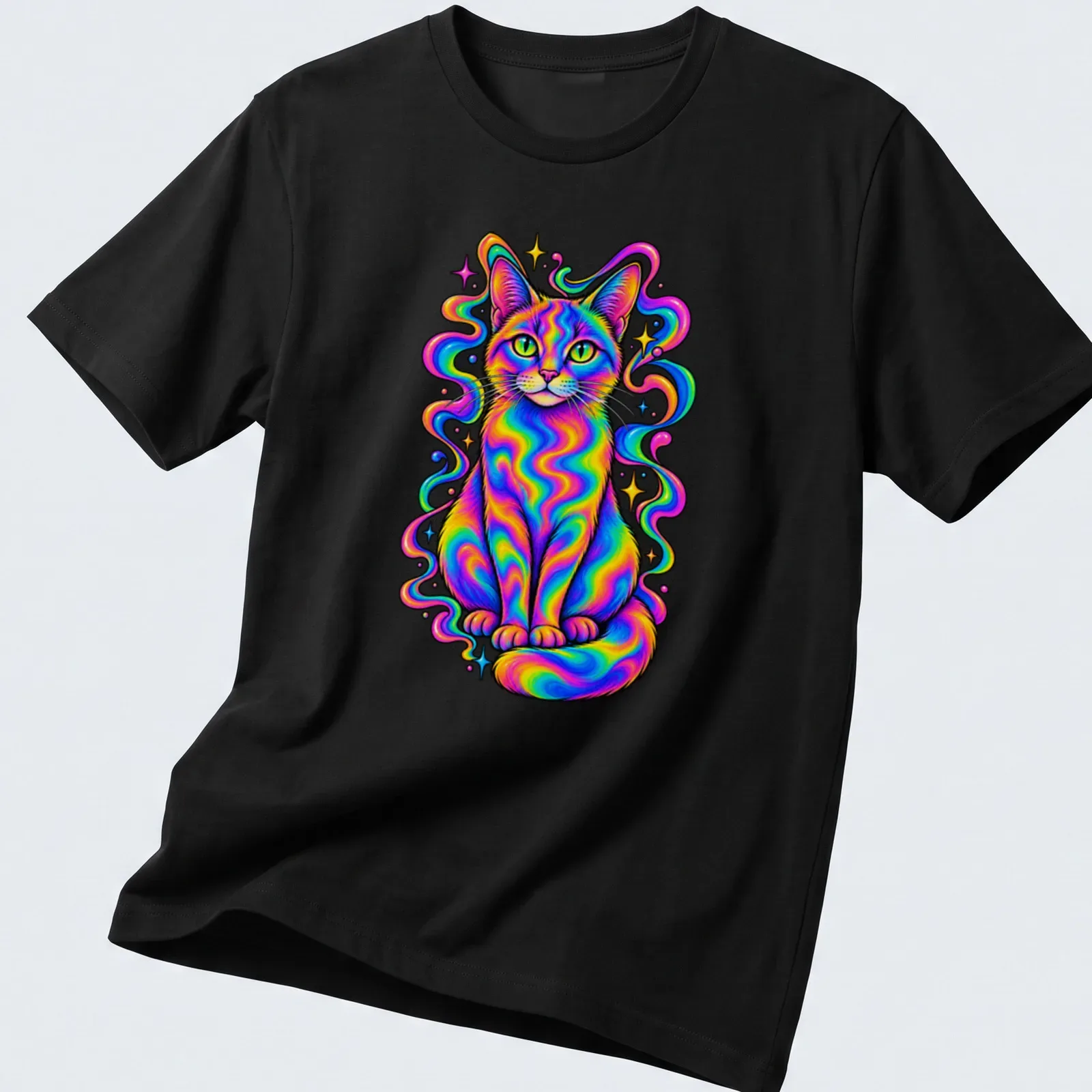 Psychedelic design of a rainbow cat in neon shades of pink, blue, green, yellow, and orange. — printed on a unisex t-shirt