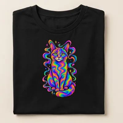 Psychedelic design of a rainbow cat in neon shades of pink, blue, green, yellow, and orange. — printed on a women's shirt