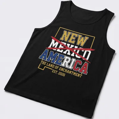 Bold graphic t-shirt celebrating New Mexico with colorful text and design. — printed on a tank top