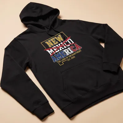 Bold graphic t-shirt celebrating New Mexico with colorful text and design. — printed on a unisex hoodie