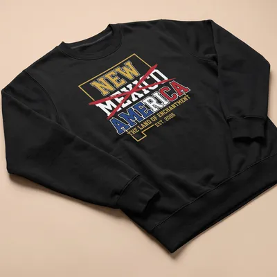 Bold graphic t-shirt celebrating New Mexico with colorful text and design. — printed on a unisex sweatshirt