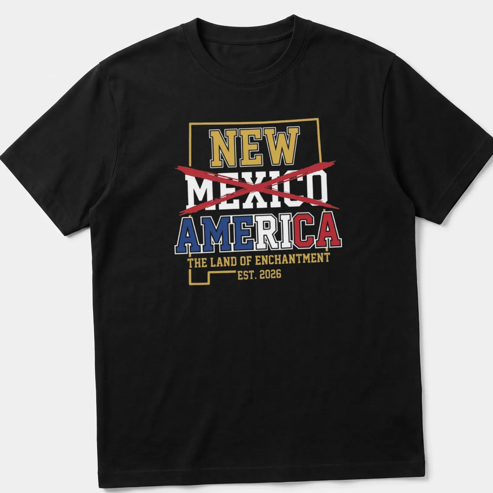 Bold graphic t-shirt celebrating New Mexico with colorful text and design. — printed on a unisex t-shirt