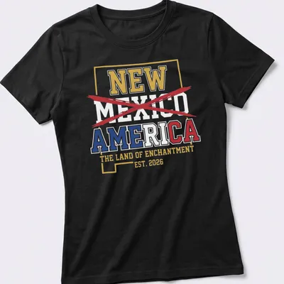 Bold graphic t-shirt celebrating New Mexico with colorful text and design. — printed on a women's shirt