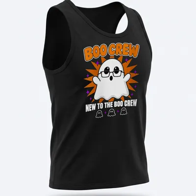 Cartoon ghost graphic with text 'New To The Boo Crew' in orange and purple — printed on a tank top