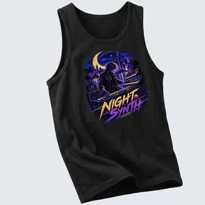 Retro synthwave t-shirt with musician graphic and vibrant colors — printed on a tank top