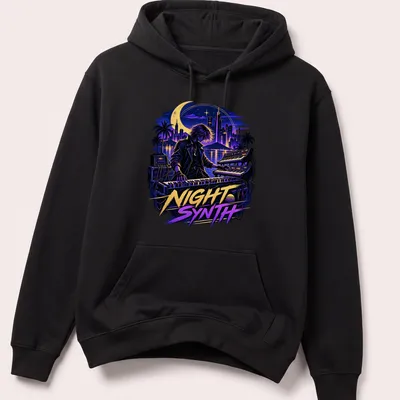 Retro synthwave t-shirt with musician graphic and vibrant colors — printed on a unisex hoodie