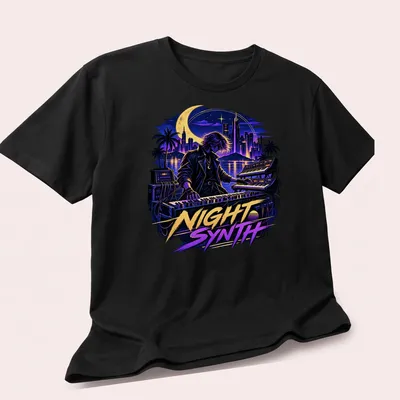 Retro synthwave t-shirt with musician graphic and vibrant colors — printed on a unisex t-shirt (angled view)