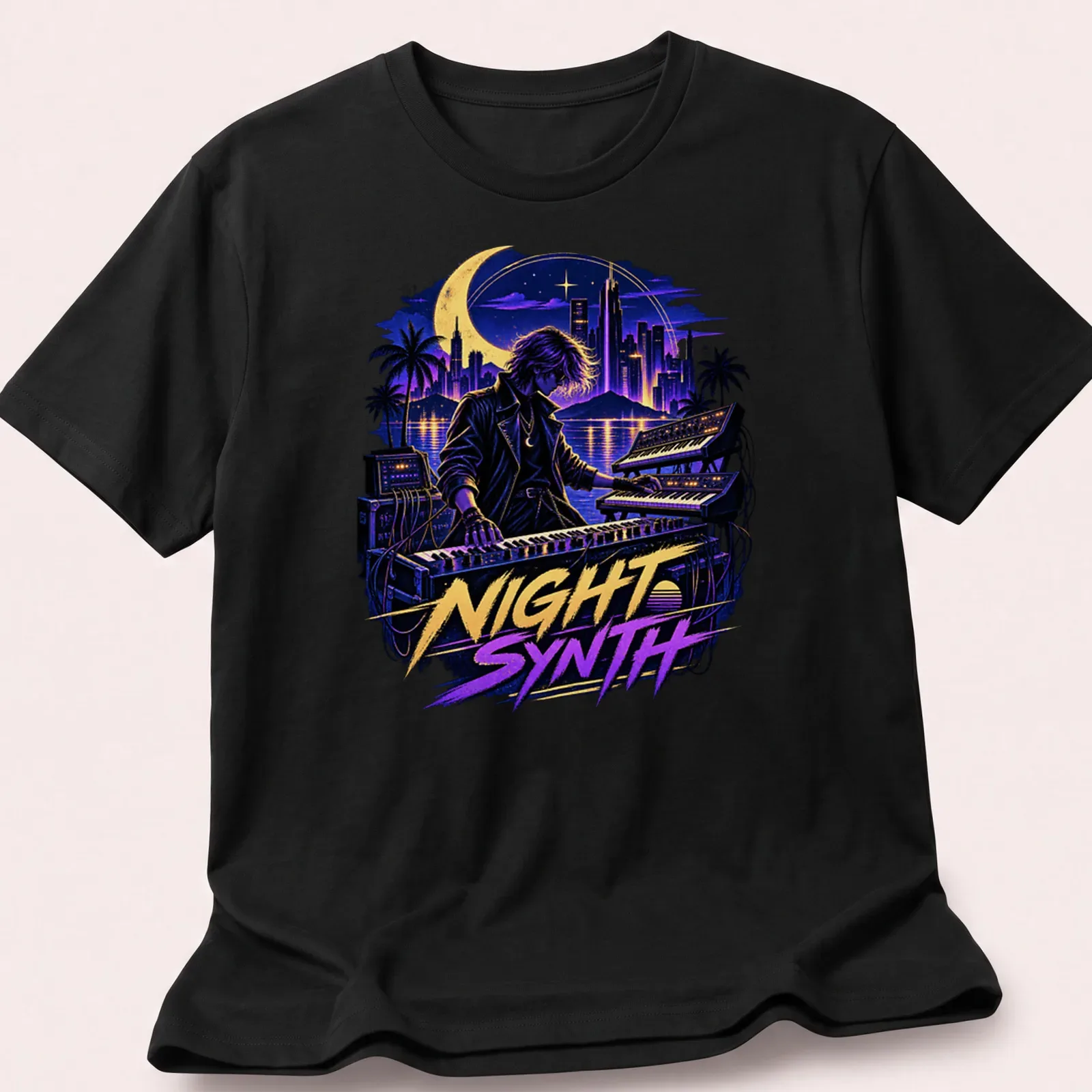 Retro synthwave t-shirt with musician graphic and vibrant colors — printed on a unisex t-shirt
