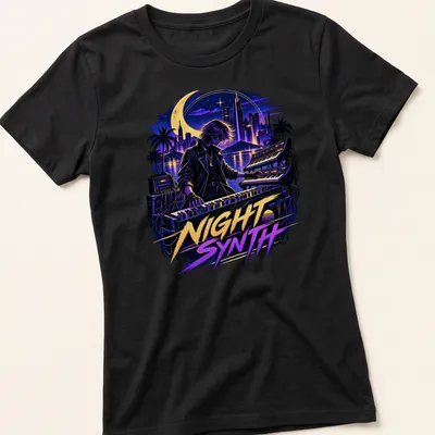 Retro synthwave t-shirt with musician graphic and vibrant colors — printed on a women's shirt