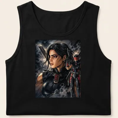 Bold illustrated Ninja Dawn female character t-shirt in comic style with red and gray accents. — printed on a tank top