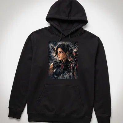 Bold illustrated Ninja Dawn female character t-shirt in comic style with red and gray accents. — printed on a unisex hoodie