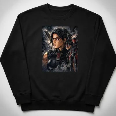 Bold illustrated Ninja Dawn female character t-shirt in comic style with red and gray accents. — printed on a unisex sweatshirt