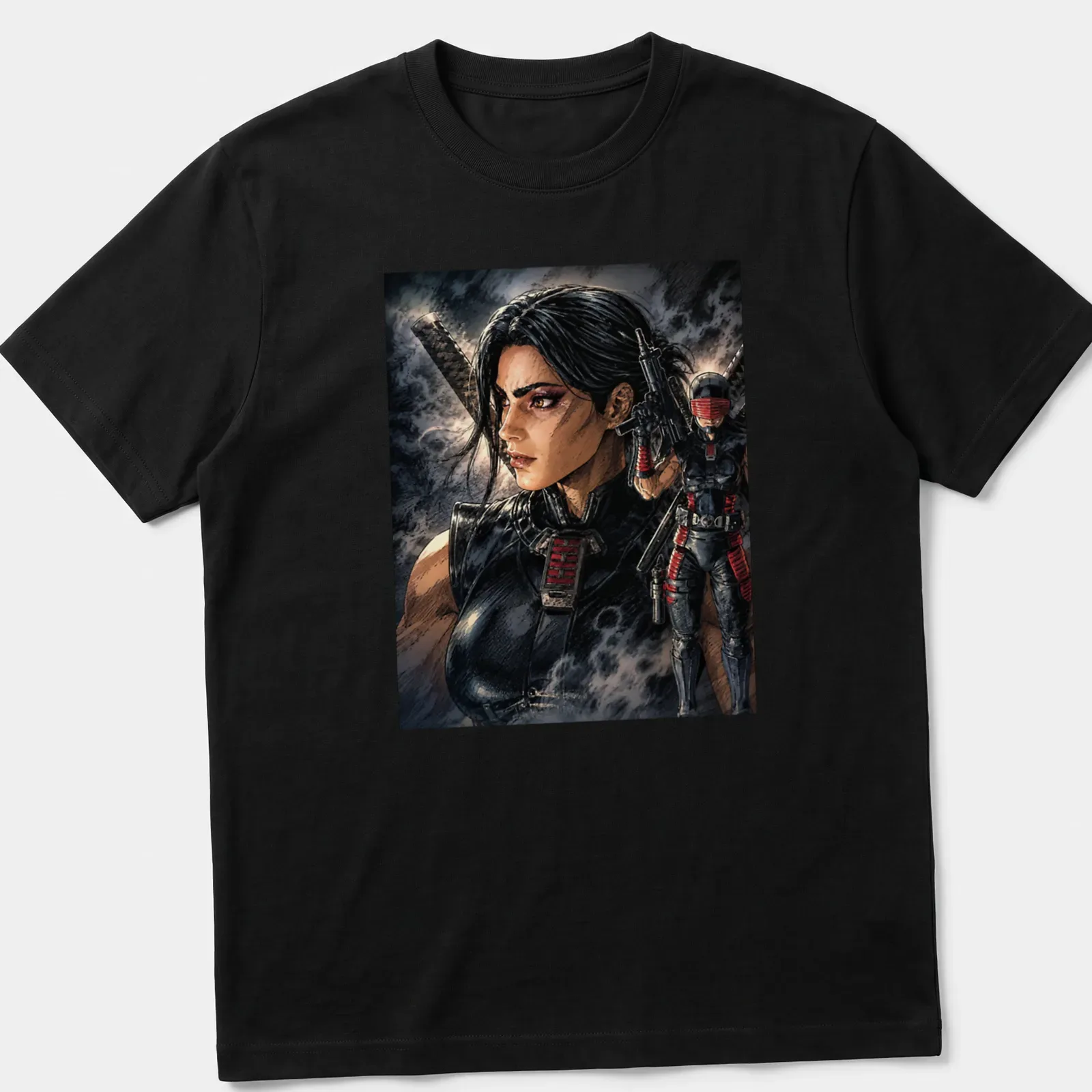 Bold illustrated Ninja Dawn female character t-shirt in comic style with red and gray accents. — printed on a unisex t-shirt
