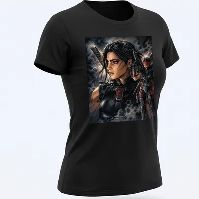 Bold illustrated Ninja Dawn female character t-shirt in comic style with red and gray accents. — printed on a women's shirt