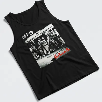 Illustrative UFO band design with bold colors and striking text — printed on a tank top