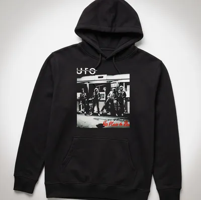 Illustrative UFO band design with bold colors and striking text — printed on a unisex hoodie