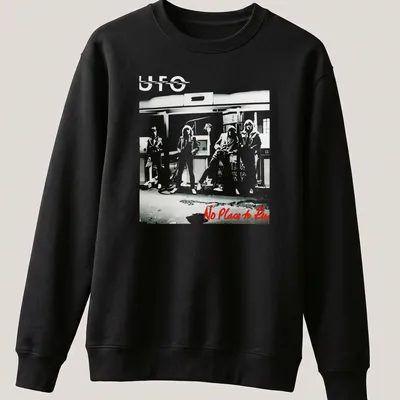 Illustrative UFO band design with bold colors and striking text — printed on a unisex sweatshirt